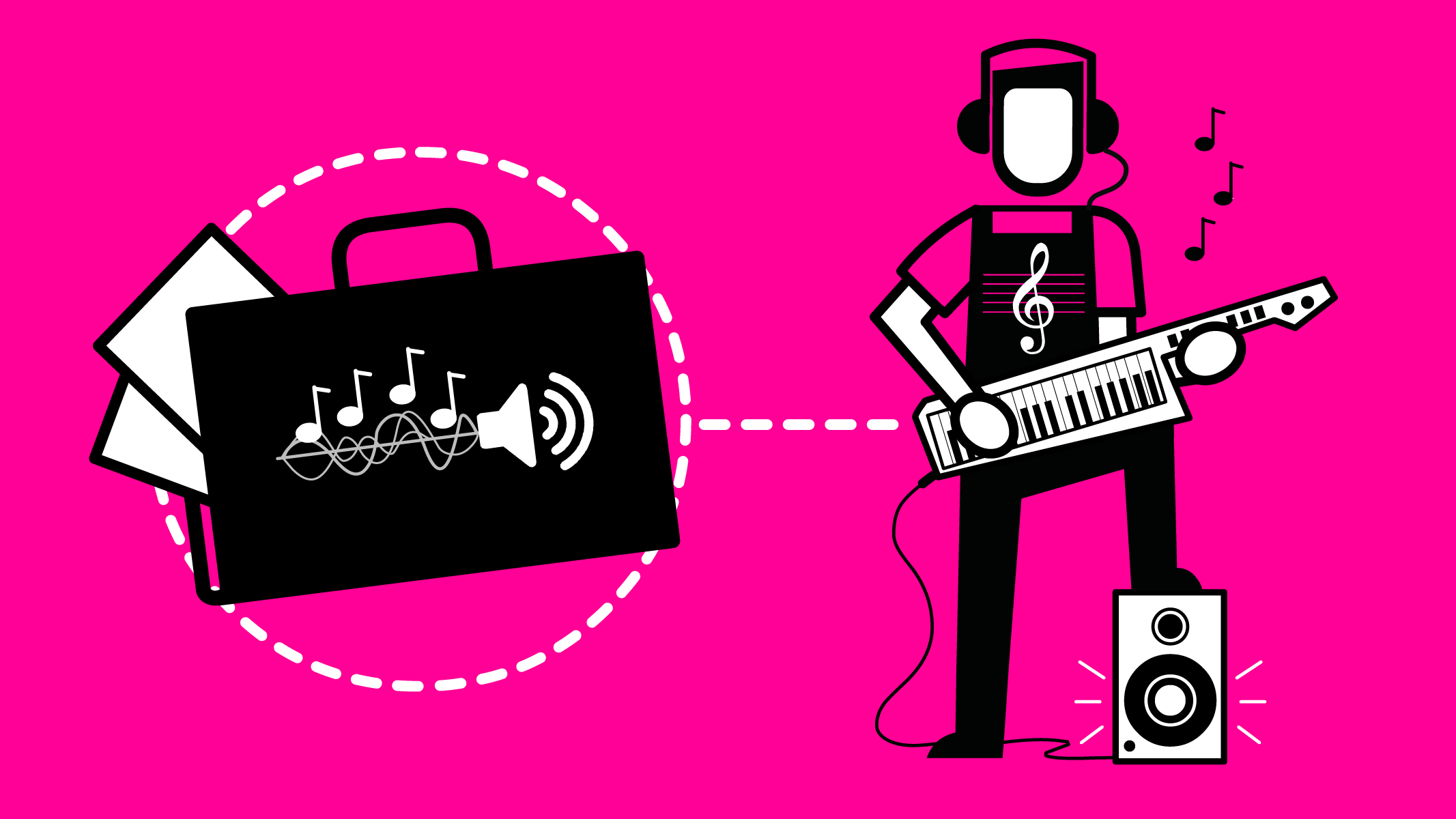Icon showing a musician with an electric keyboard and a portfolio with sound waves