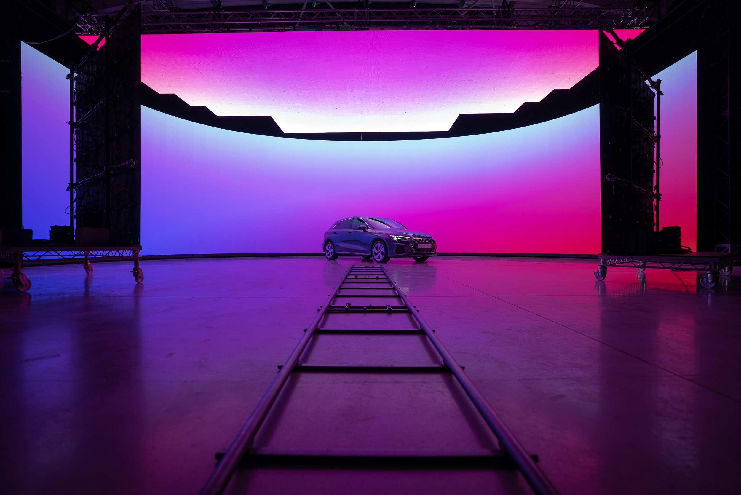 A car is on a virtual production set
