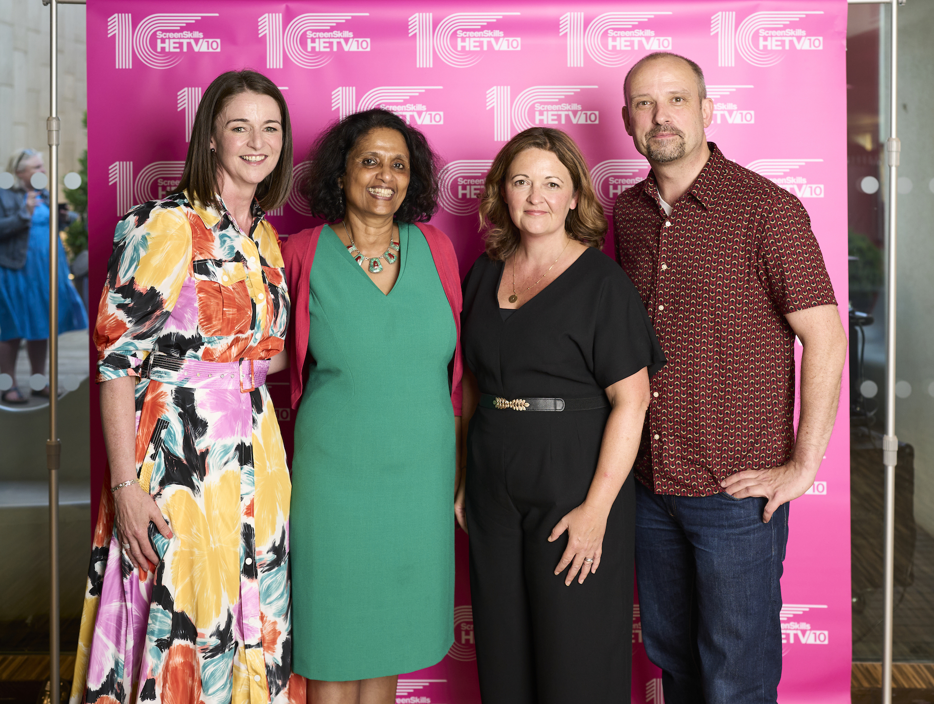Christine Healy, Seetha Kumar, Kaye Elliott and Barry Ryan stand in front of the ScreenSkills High-end TV at 10 banner