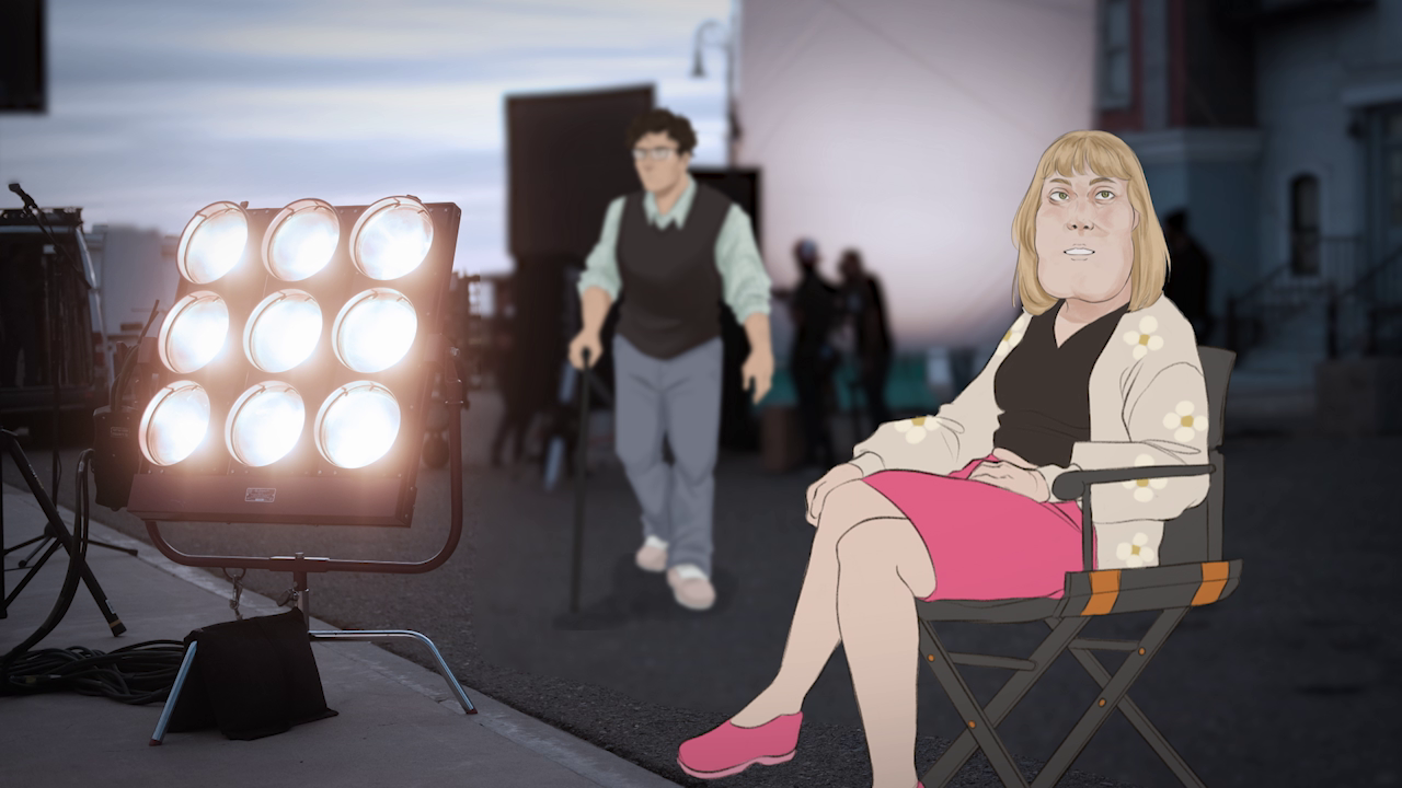 person with Cherubism sitting on a chair on a film set