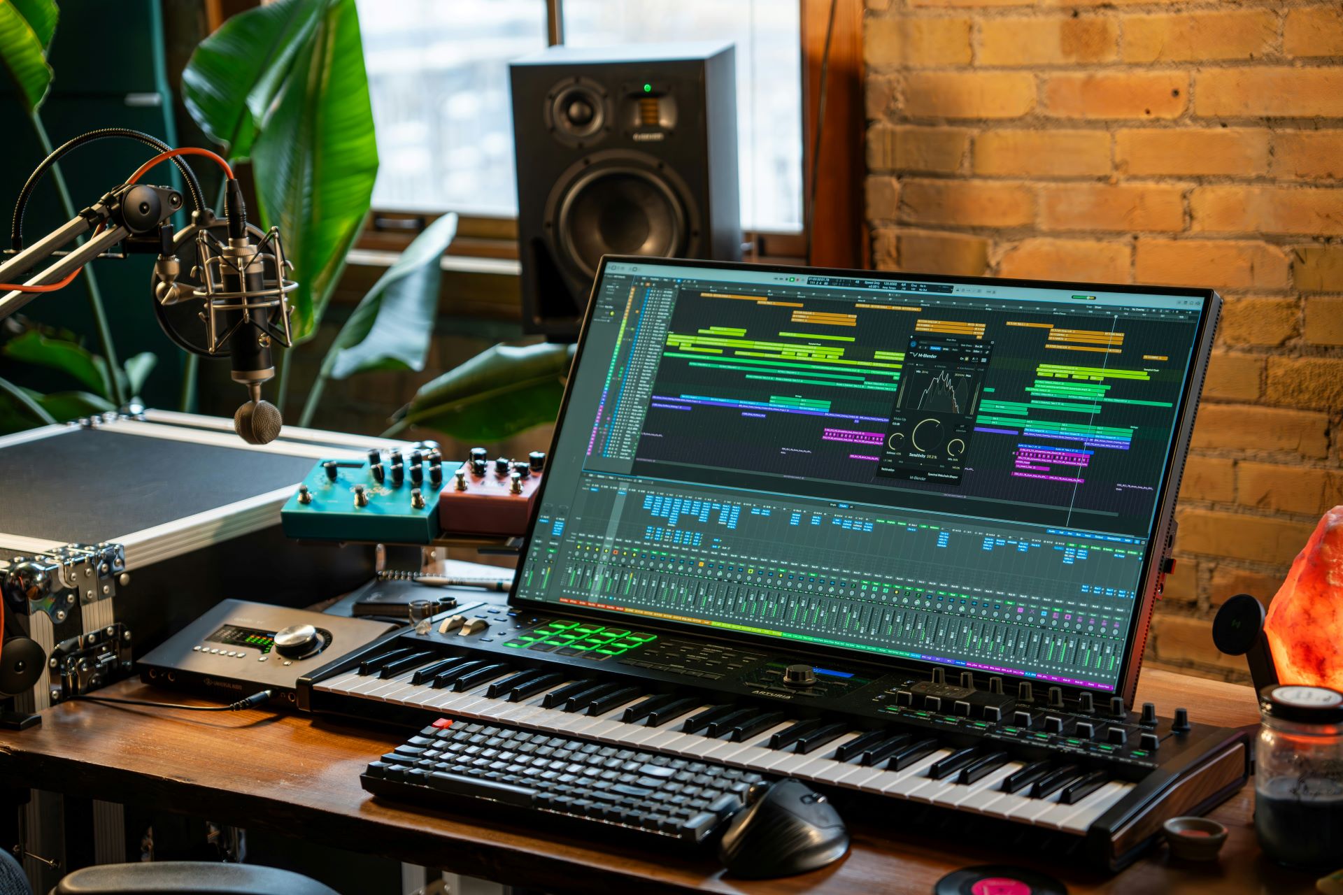 A screen monitor is set up on a desk, open to a sound editing software. Around the monitor is further sound equipment including a microphone in front of it.