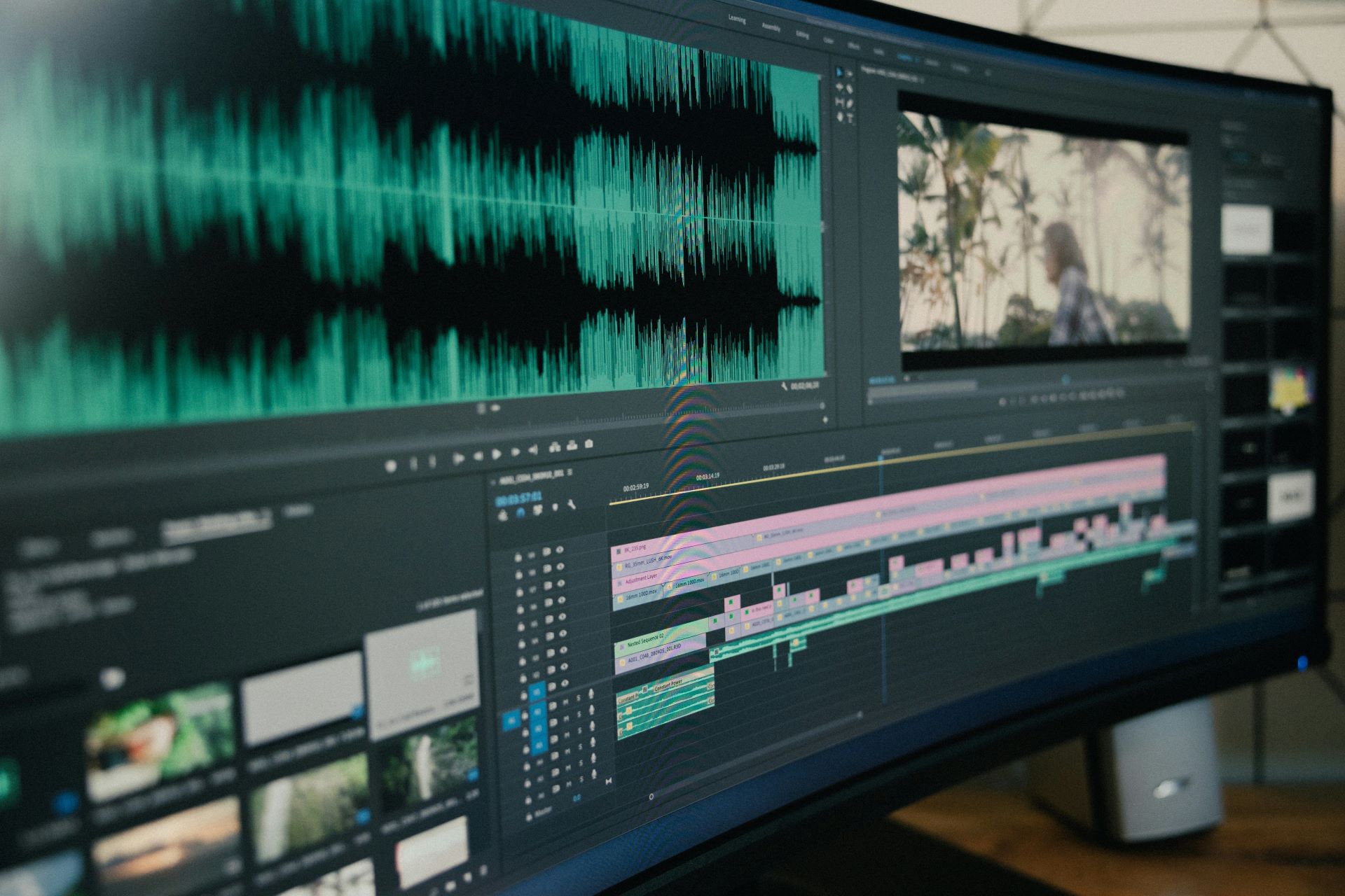 A large computer monitor open to audio tracks within a video editing software.