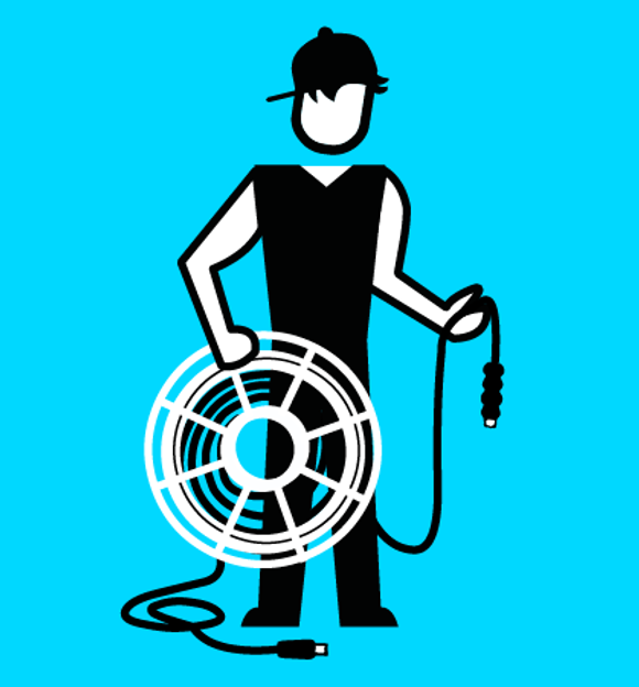 An illustration of an OB rigger holding a long electric cable illustration