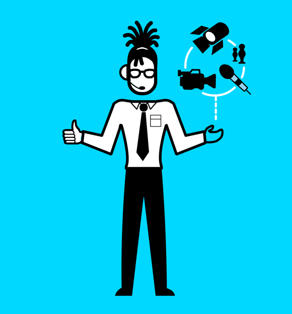 Illustration of a technical manager beside a microphone, lighting apparatus and a camera illustration