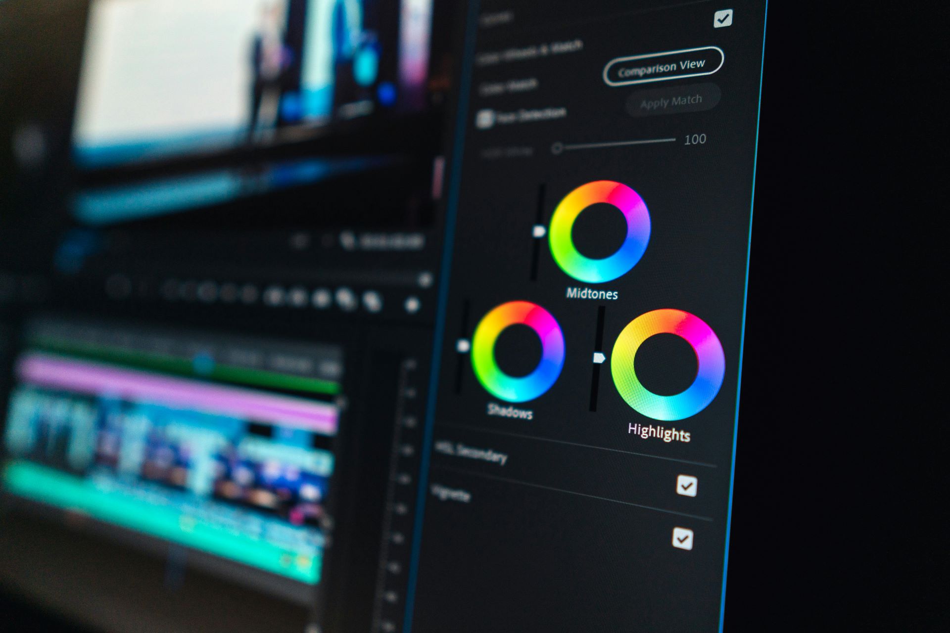 A closeup of colour wheels in a video editing software.