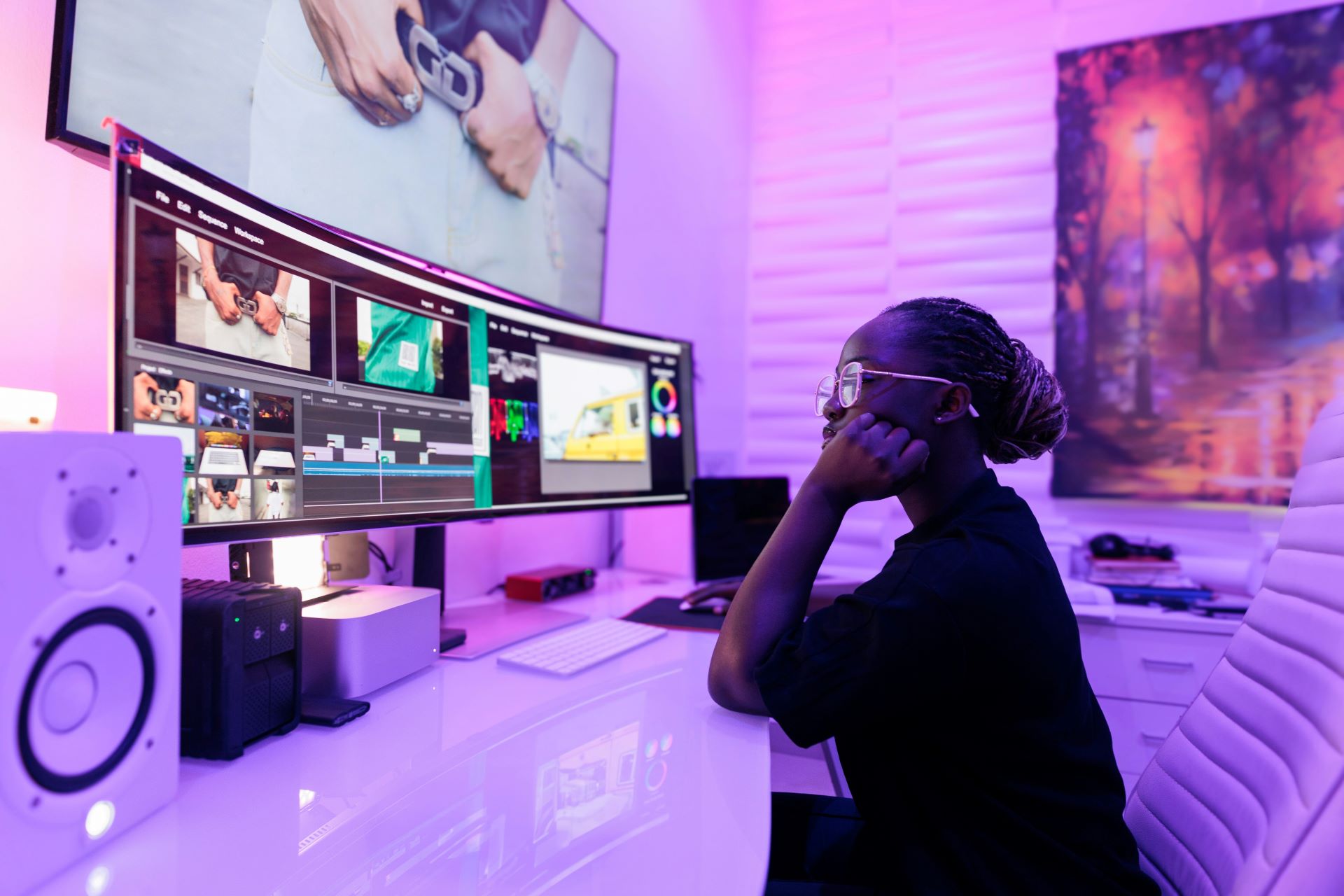 A person sits at a desk in front of a large monitor. On the screen are images in a video editing software. To the left of the screen is a speaker.